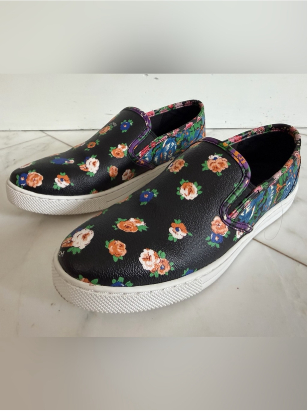 Coach Parkside Women’s 7.5 Black Floral Leather Slip On Flat Designer Sneakers